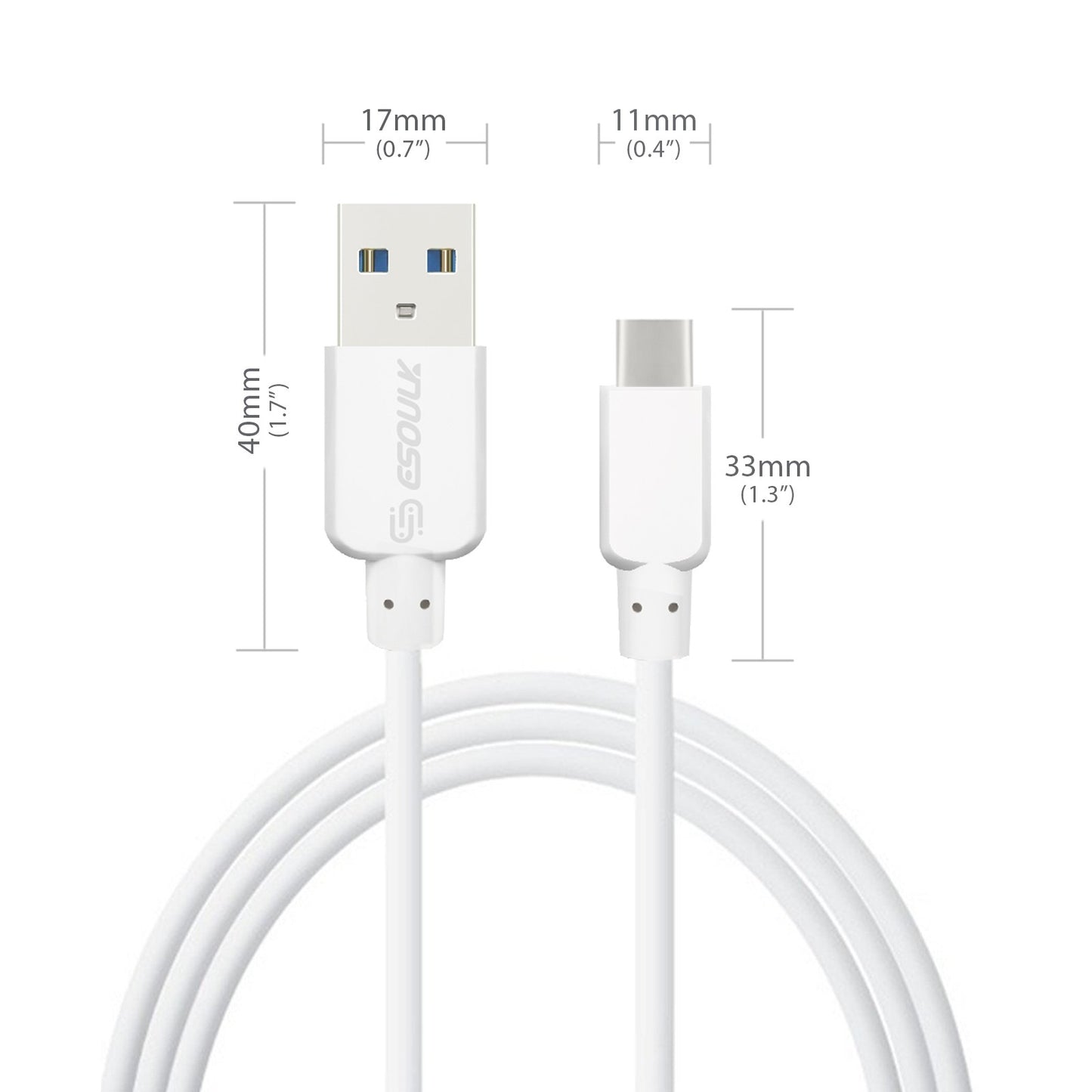 ESOULK 10FT Heavy Duty USB Cable 2A For Type-C White