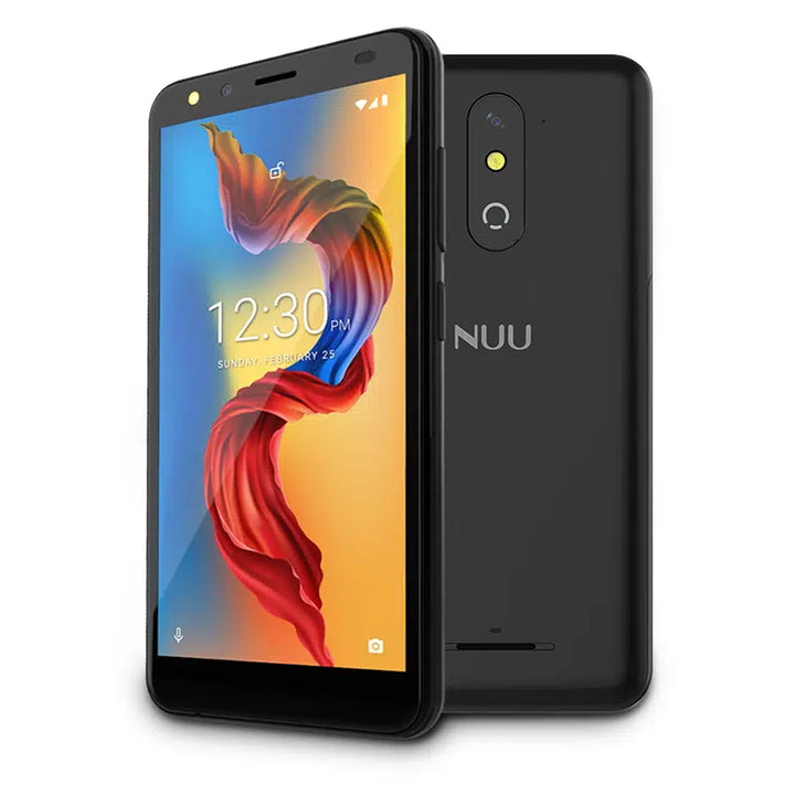 Black NUU a11L android phone front and back view, black color at sale on Virbu Mobile