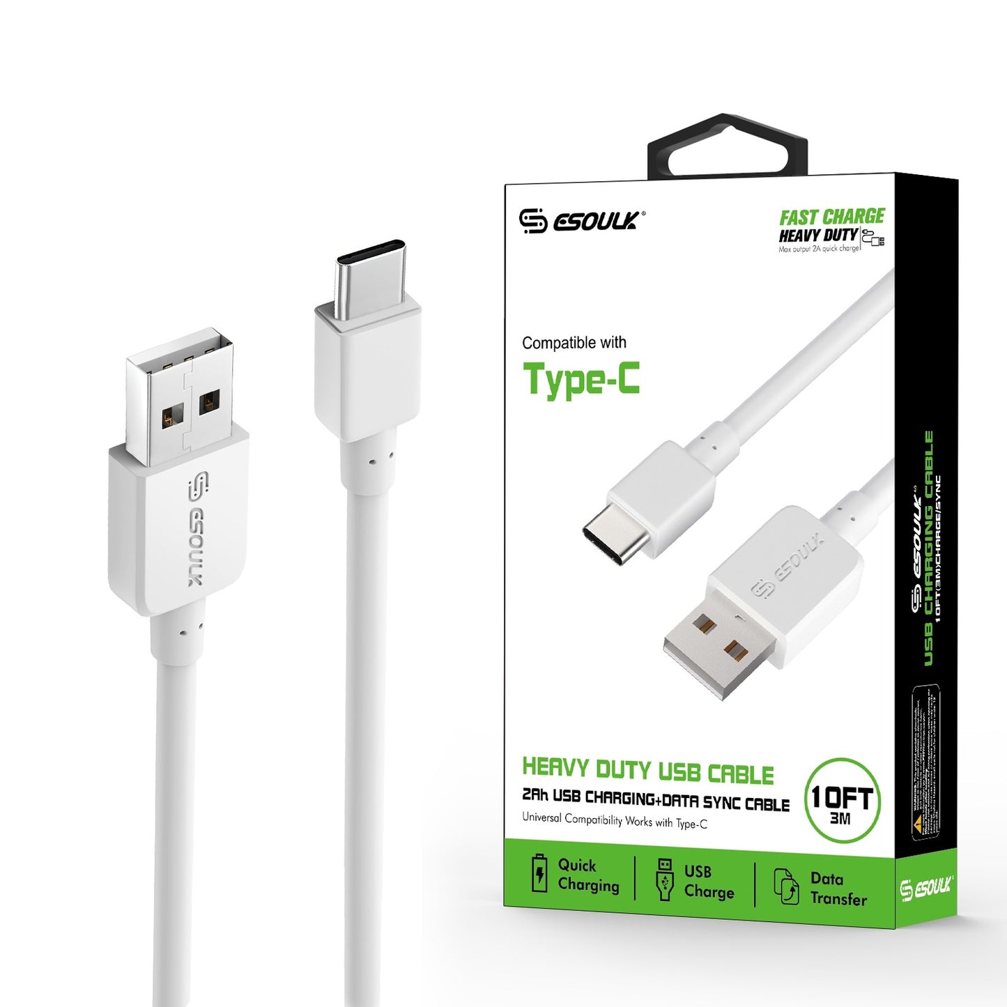 ESOULK 10FT Heavy Duty USB Cable 2A For Type-C White